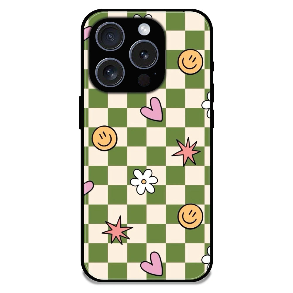 Checkerboard Smile Daisy Heart - Glossy Metal Silicone Case For Apple iPhone 16 Pro Max