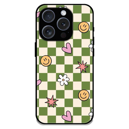 Checkerboard Smile Daisy Heart - Glossy Metal Silicone Case For Apple iPhone 16 Pro Max