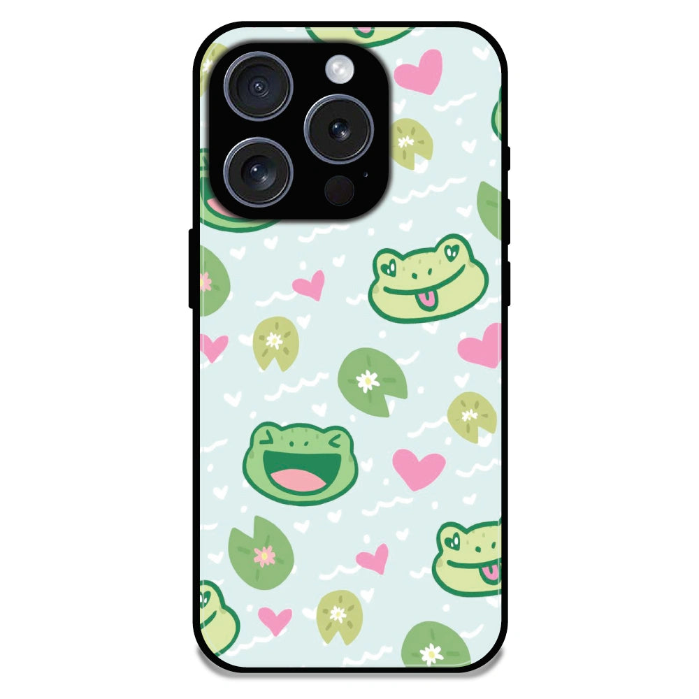 Cute Frog & Heart Pattern - Glossy Metal Silicone Case For Apple iPhone 16 Pro Max
