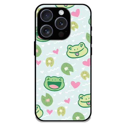 Cute Frog & Heart Pattern - Glossy Metal Silicone Case For Apple iPhone 16 Pro Max