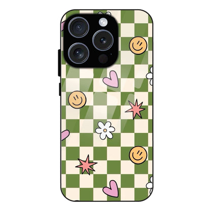 Checkerboard Smile Daisy Heart - Glass Case For Apple iPhone 16 Pro Max