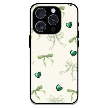 Elegant Green Bow & Heart Pattern - Glossy Metal Silicone Case For Apple iPhone 16 Pro Max