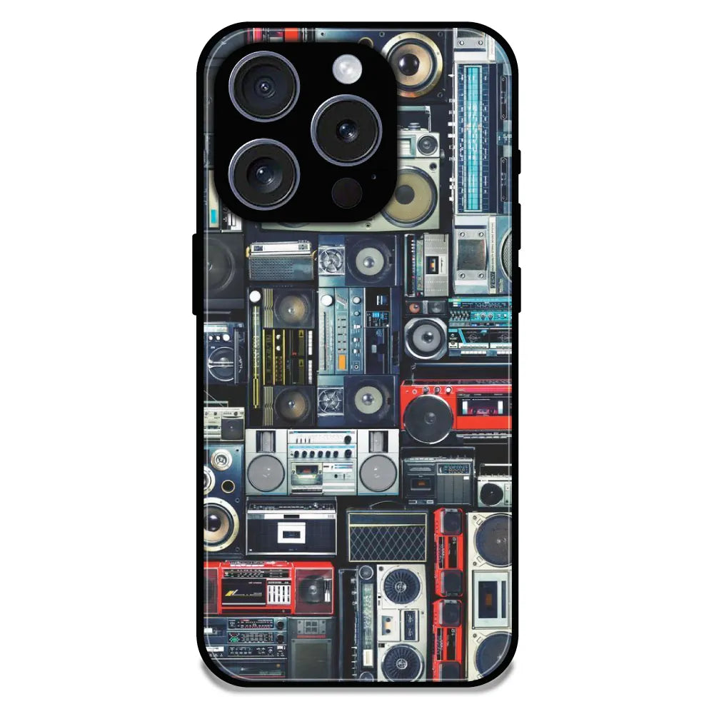 Retro Boombox Music Pattern - Glossy Metal Silicone Case For Apple iPhone 16 Pro Max