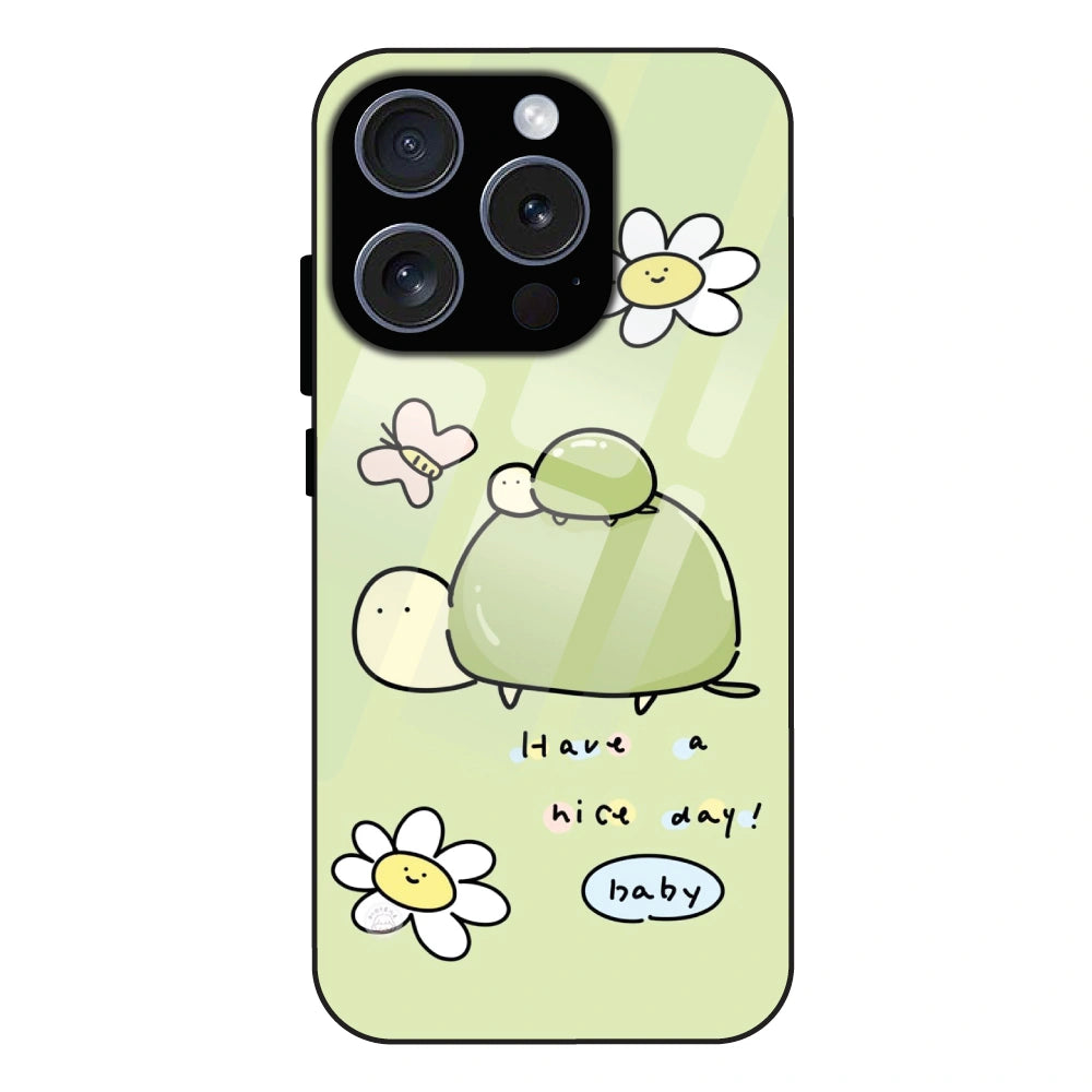 Cute Turtle & Daisy “Have a Nice Day” - Glass Case For Apple iPhone 16 Pro Max