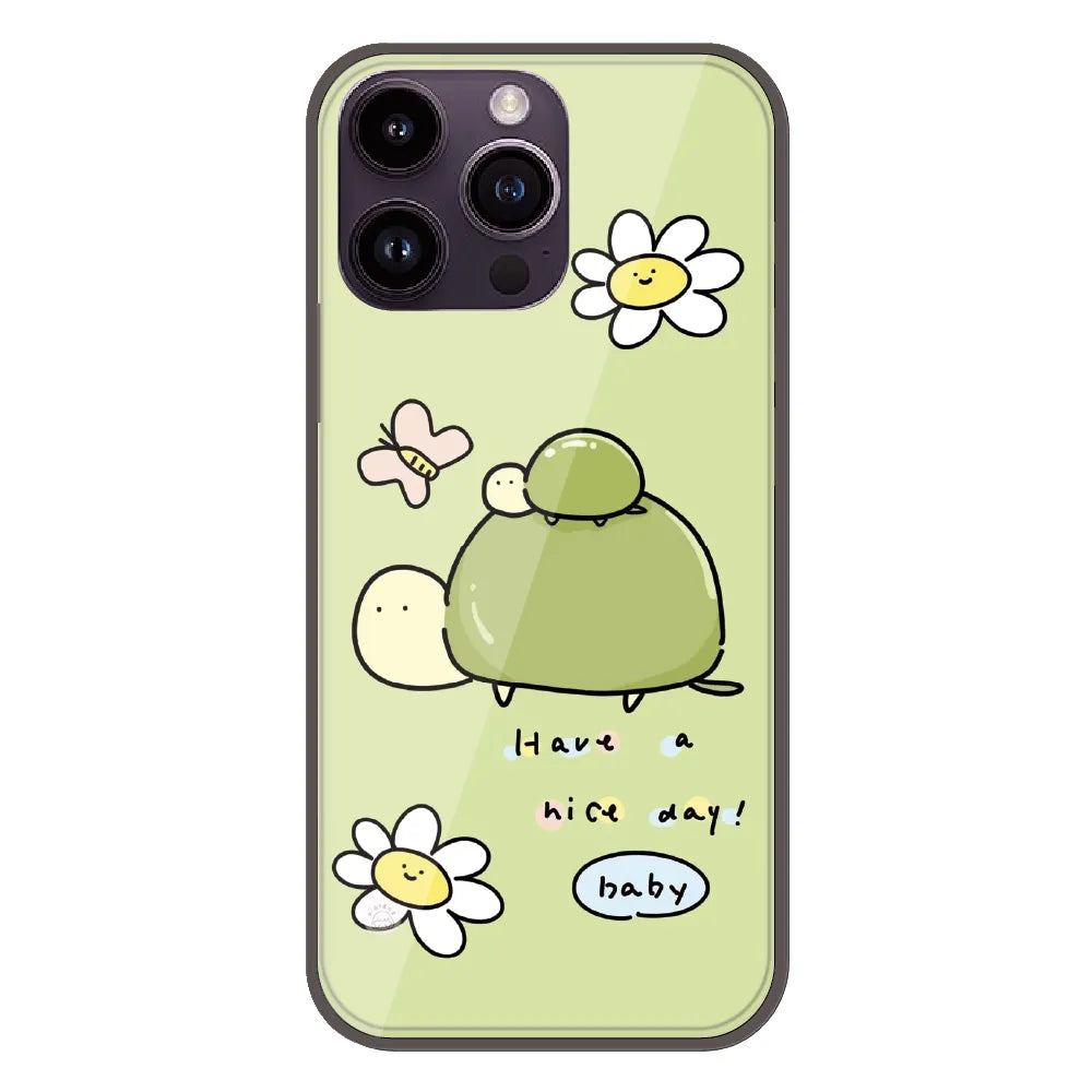 Cute Turtle & Daisy “Have a Nice Day” - Printed Silicone Case For Apple iPhone 16 Pro Max