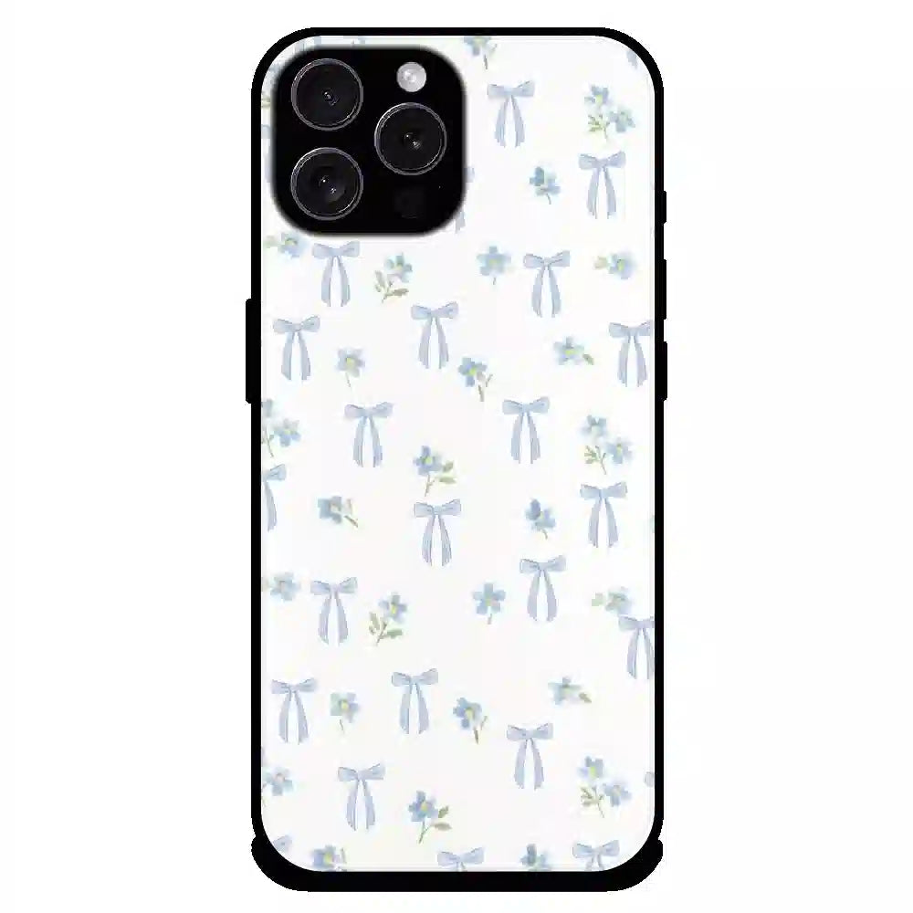 Soft Blue Bow Floral - Glossy Metal Silicone Case For Apple iPhone 16 Pro Max