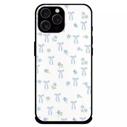 Soft Blue Bow Floral - Glossy Metal Silicone Case For Apple iPhone 16 Pro Max