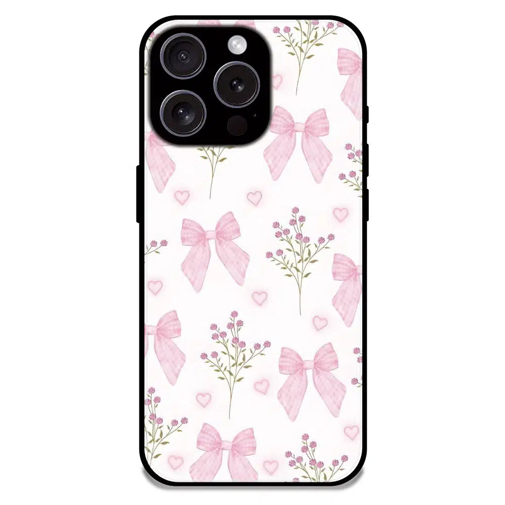 Pink Bow Floral Pattern - Glossy Metal Silicone Case For Apple iPhone 16 Pro Max