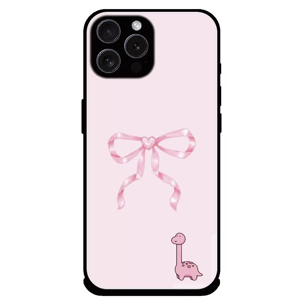 Cute Pink Dino Bow - Glossy Metal Silicone Case For Apple iPhone 16 Pro Max