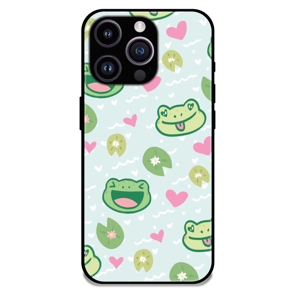 Cute Frog & Heart Pattern - Glossy Metal Silicone Case For Apple iPhone 16 Pro