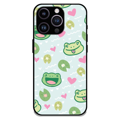 Cute Frog & Heart Pattern - Glossy Metal Silicone Case For Apple iPhone 16 Pro