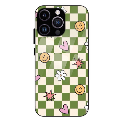 Checkerboard Smile Daisy Heart - Glass Case For Apple iPhone 16 Pro