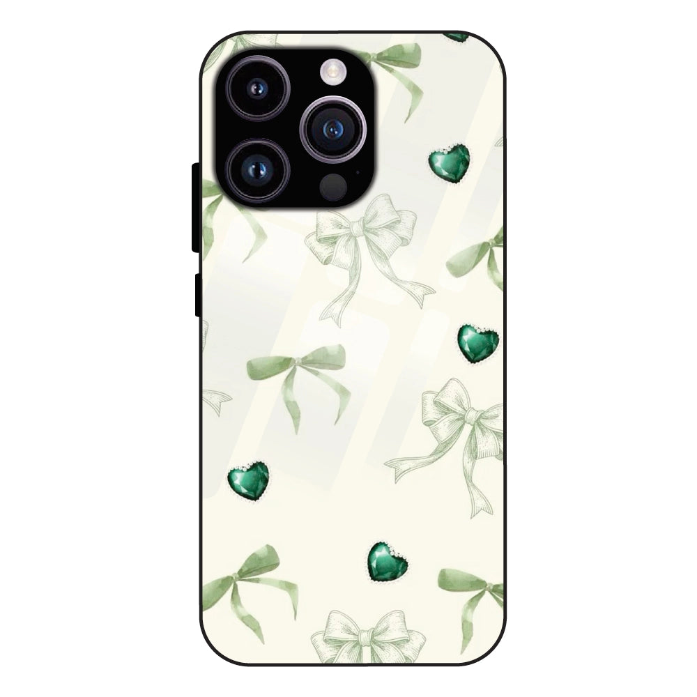 Elegant Green Bow & Heart Pattern - Glass Case For Apple iPhone 16 Pro
