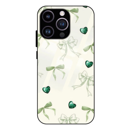 Elegant Green Bow & Heart Pattern - Glass Case For Apple iPhone 16 Pro