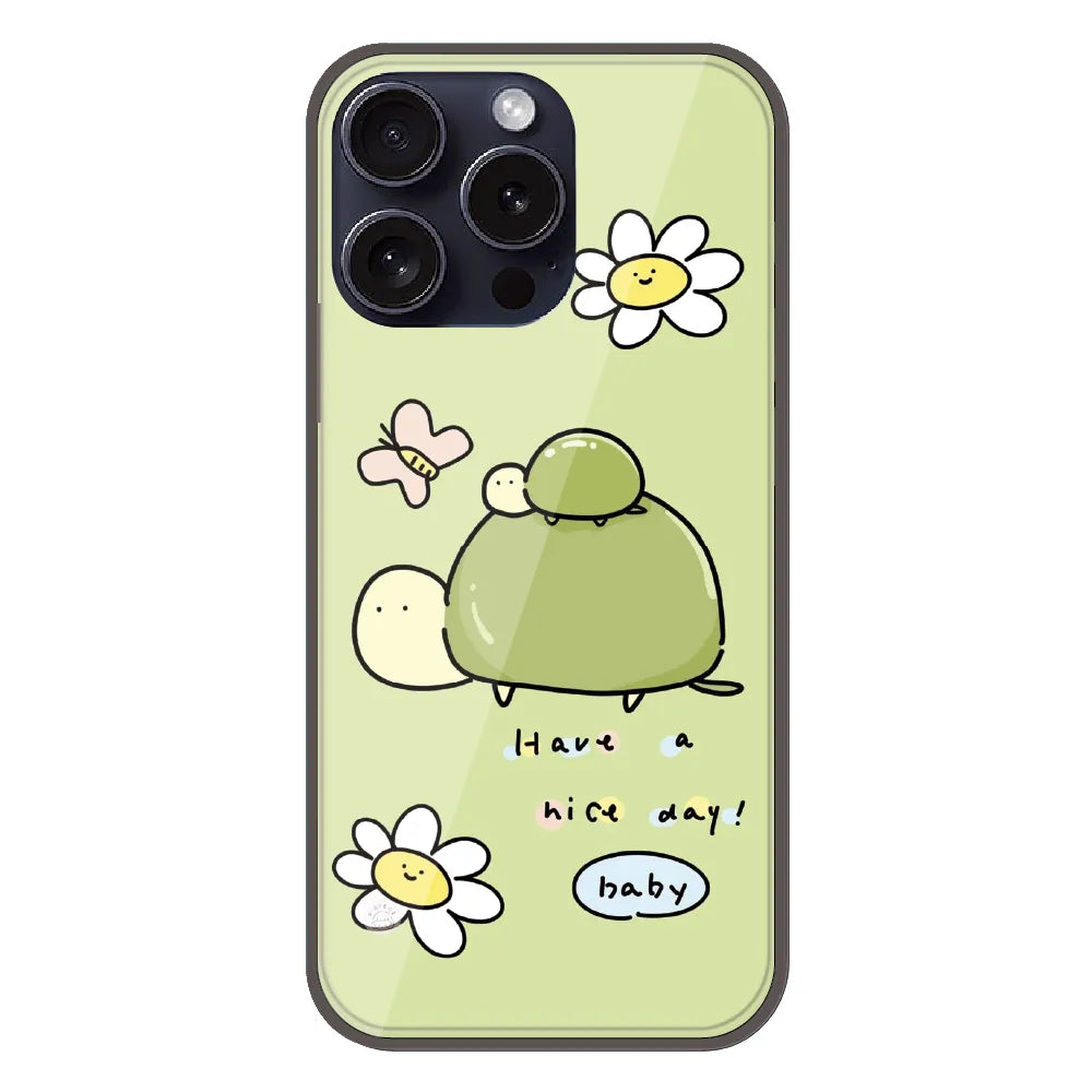 Cute Turtle & Daisy “Have a Nice Day” - Printed Silicone Case For Apple iPhone 16 Pro