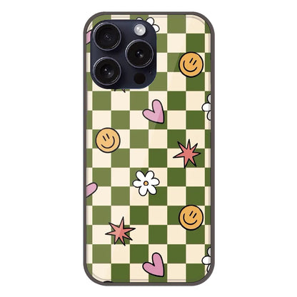 Checkerboard Smile Daisy Heart - Printed Silicone Case For Apple iPhone 16 Pro