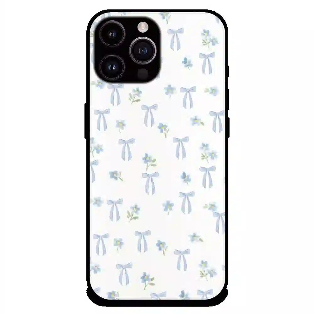 Soft Blue Bow Floral - Glossy Metal Silicone Case For Apple iPhone 16 Pro