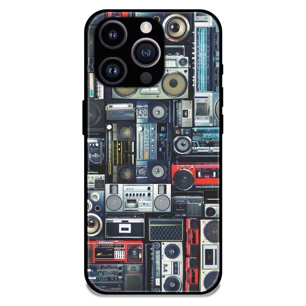 Retro Boombox Music Pattern - Glossy Metal Silicone Case For Apple iPhone 16 Pro