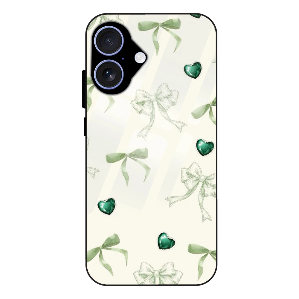 Elegant Green Bow & Heart Pattern - Glass Case For Apple iPhone 16