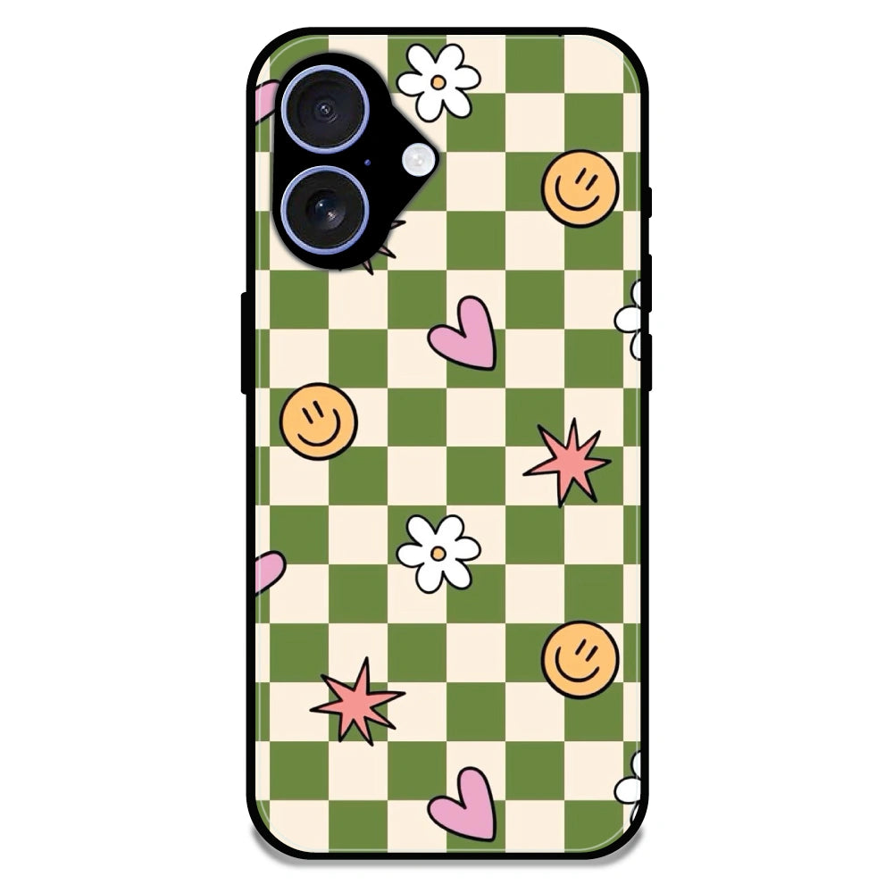 Checkerboard Smile Daisy Heart - Glossy Metal Silicone Case For Apple iPhone 16