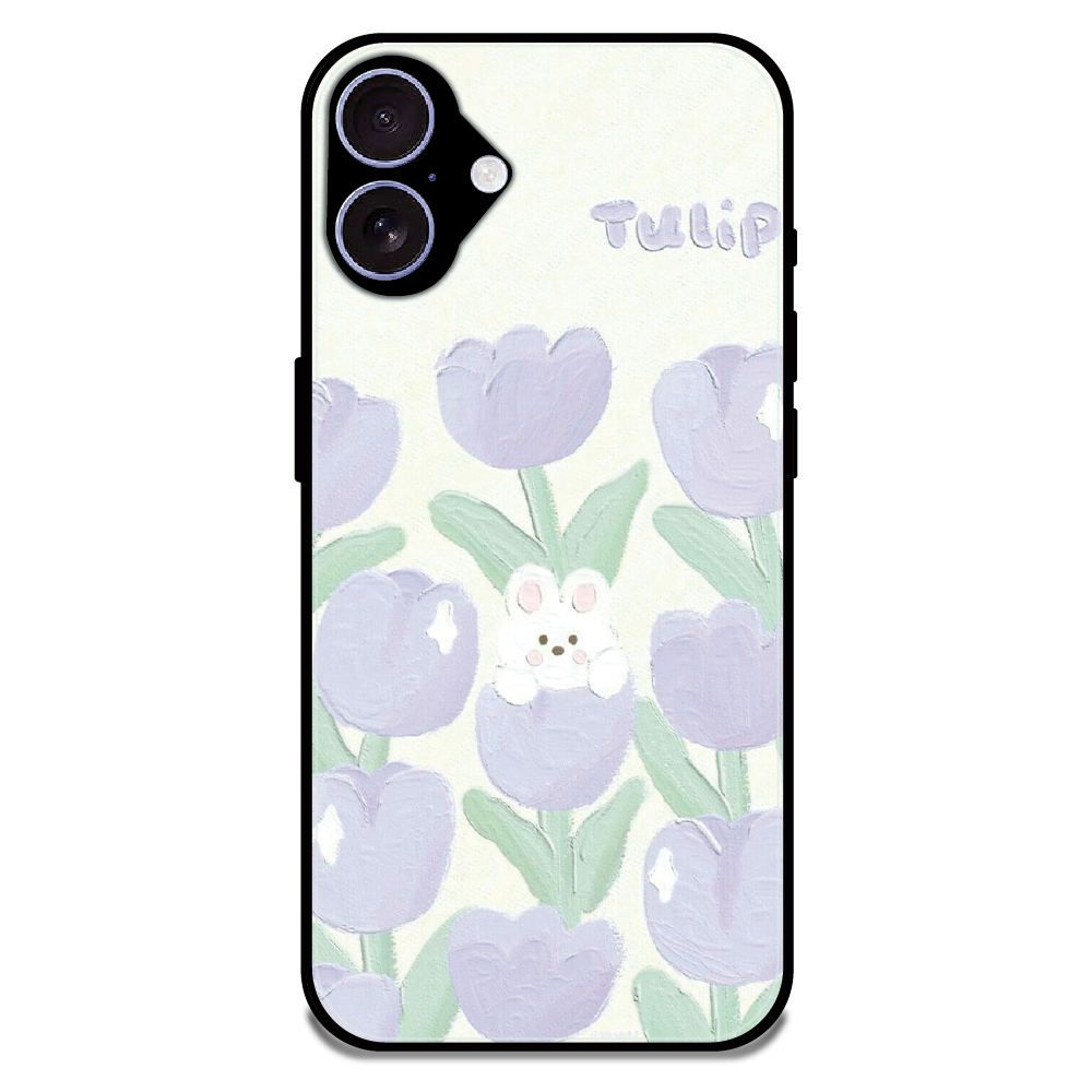 Cute Bunny Tulip - Glossy Metal Silicone Case For Apple iPhone 16