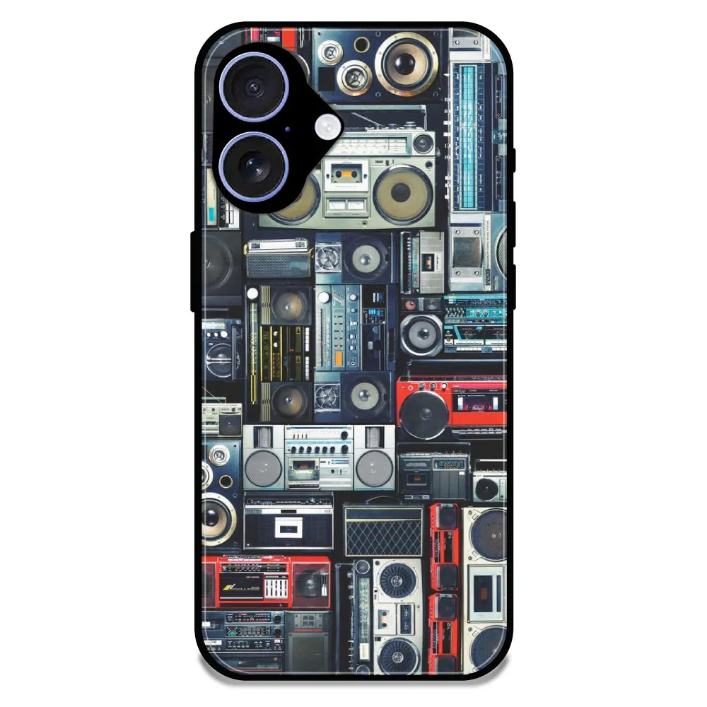Retro Boombox Music Pattern - Glossy Metal Silicone Case For Apple iPhone 16