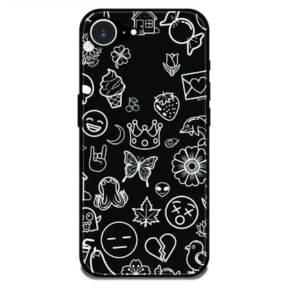 Black Doodle Icons Pattern - Glossy Metal Silicone Case For Apple iPhone 16e