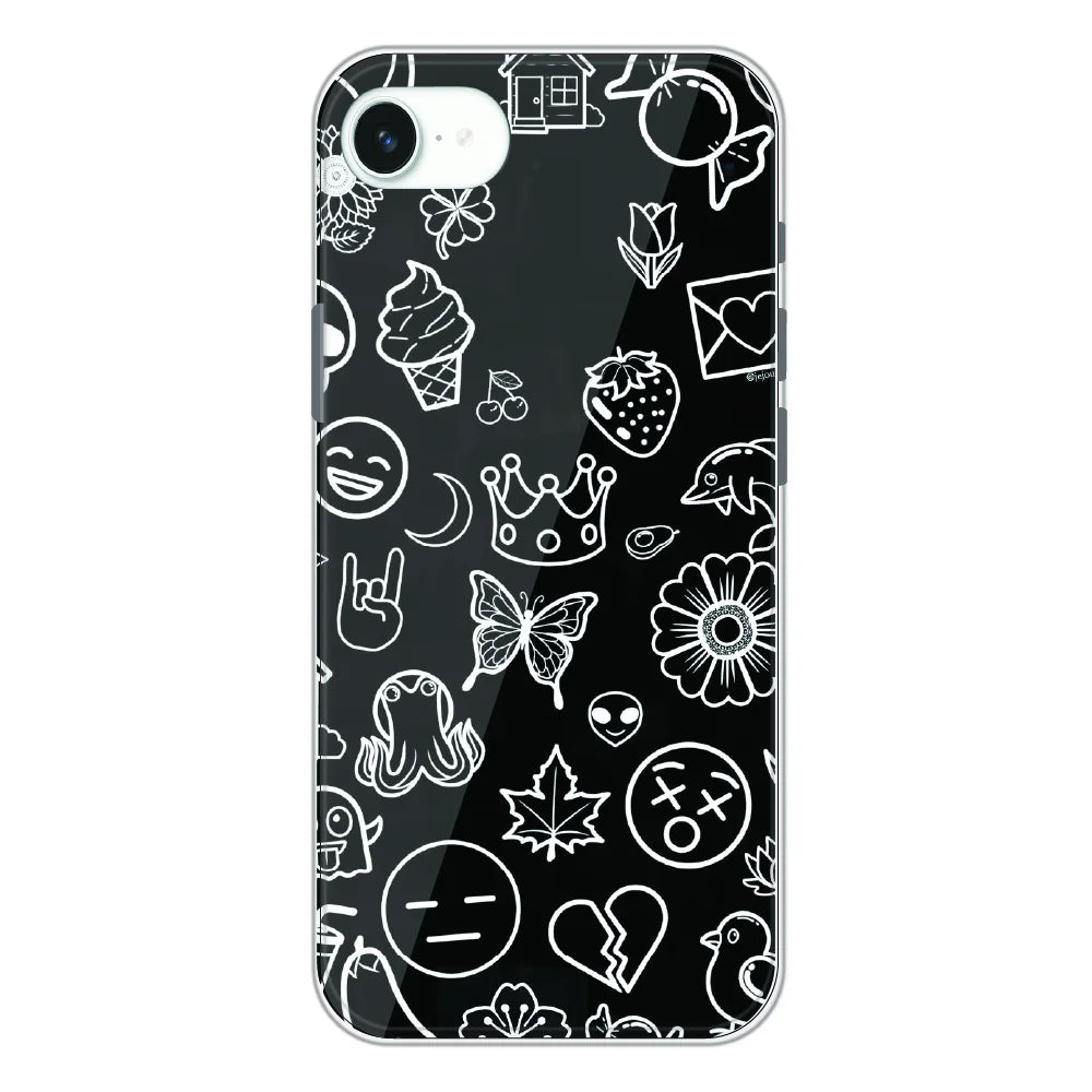 Black Doodle Icons Pattern - Printed Silicone Case For Apple iPhone 16e