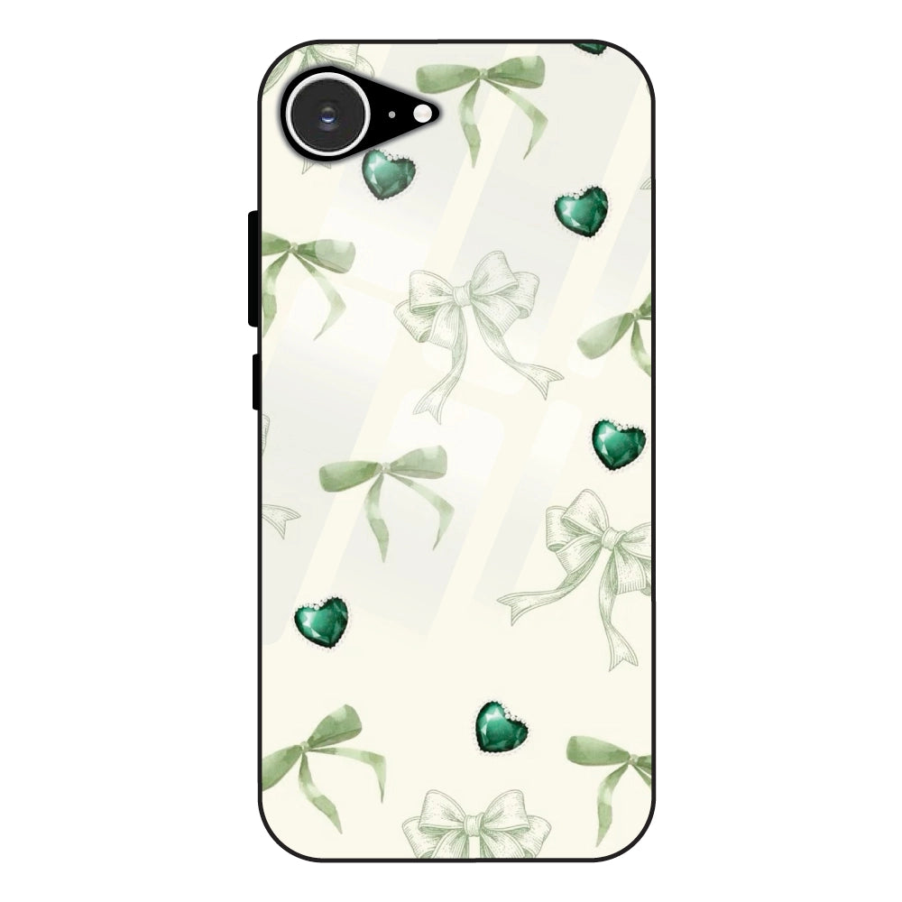 Elegant Green Bow & Heart Pattern - Glass Case For Apple iPhone 16e