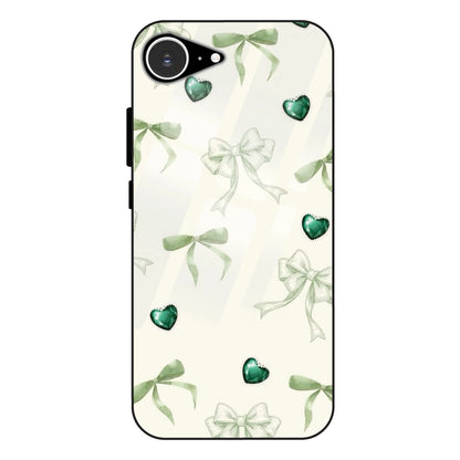 Elegant Green Bow & Heart Pattern - Glass Case For Apple iPhone 16e