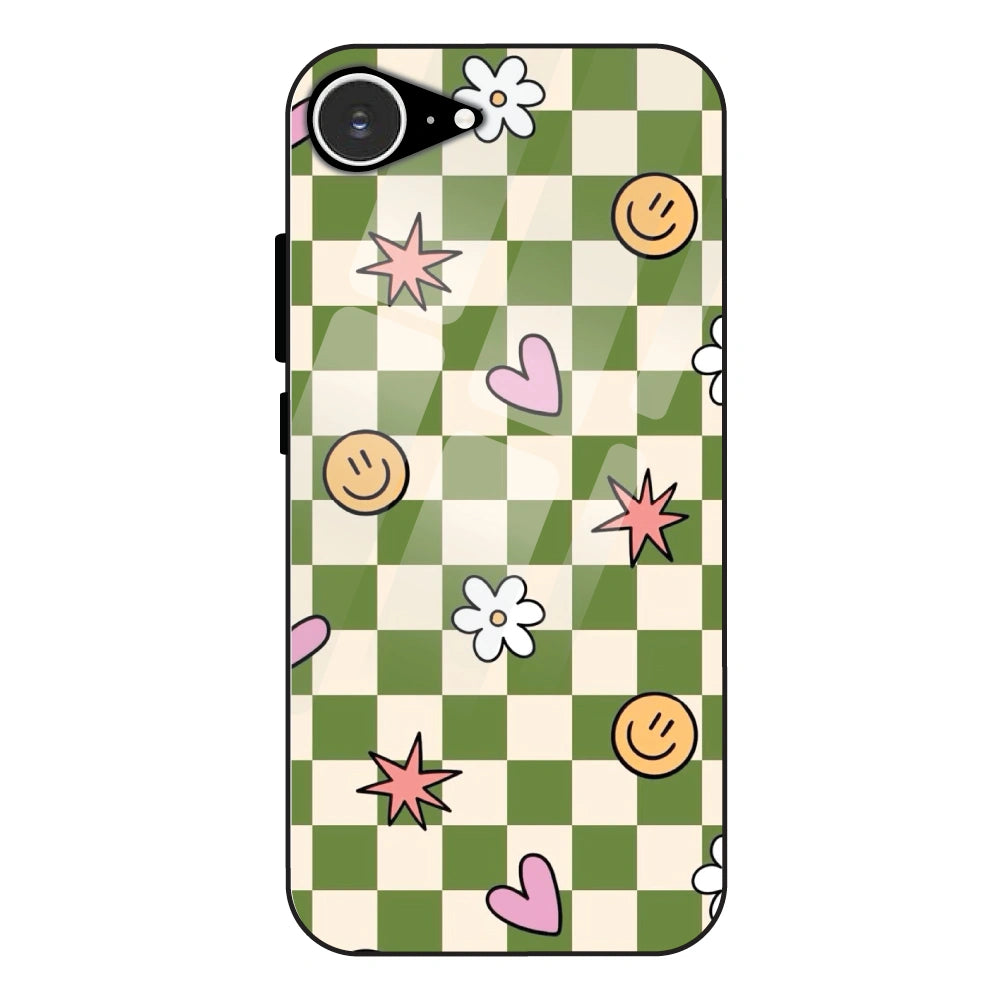 Checkerboard Smile Daisy Heart - Glass Case For Apple iPhone 16e