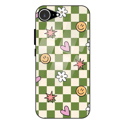 Checkerboard Smile Daisy Heart - Glass Case For Apple iPhone 16e