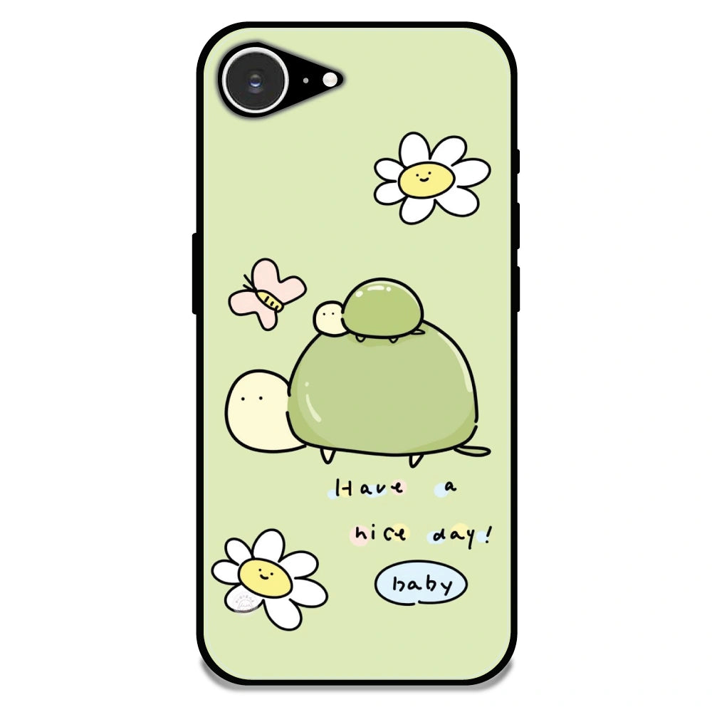 'Cute Turtle & Daisy “Have a Nice Day” - Glossy Metal Silicone Case For Apple iPhone 16E