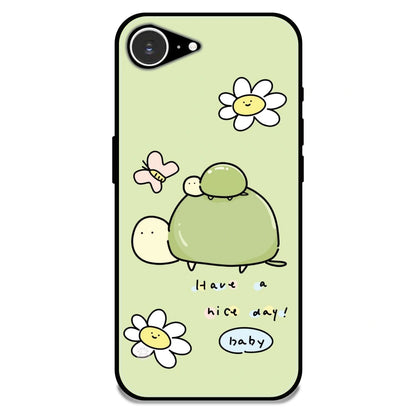 'Cute Turtle & Daisy “Have a Nice Day” - Glossy Metal Silicone Case For Apple iPhone 16E
