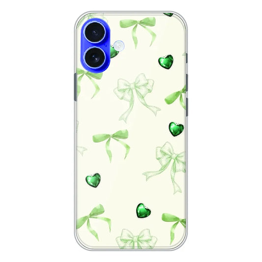 Elegant Green Bow & Heart Pattern - Printed Silicone Case For Apple iPhone 17