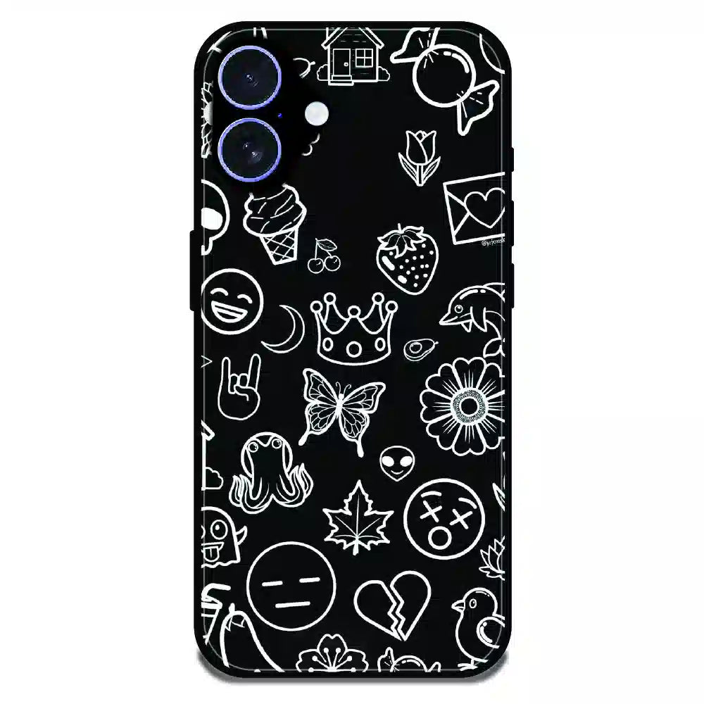 Black Doodle Icons Pattern - Glossy Metal Silicone Case For Apple iPhone 17