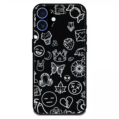 Black Doodle Icons Pattern - Glossy Metal Silicone Case For Apple iPhone 17