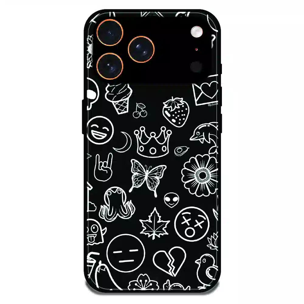 Black Doodle Icons Pattern - Glossy Metal Silicone Case For Apple iPhone 17 Pro