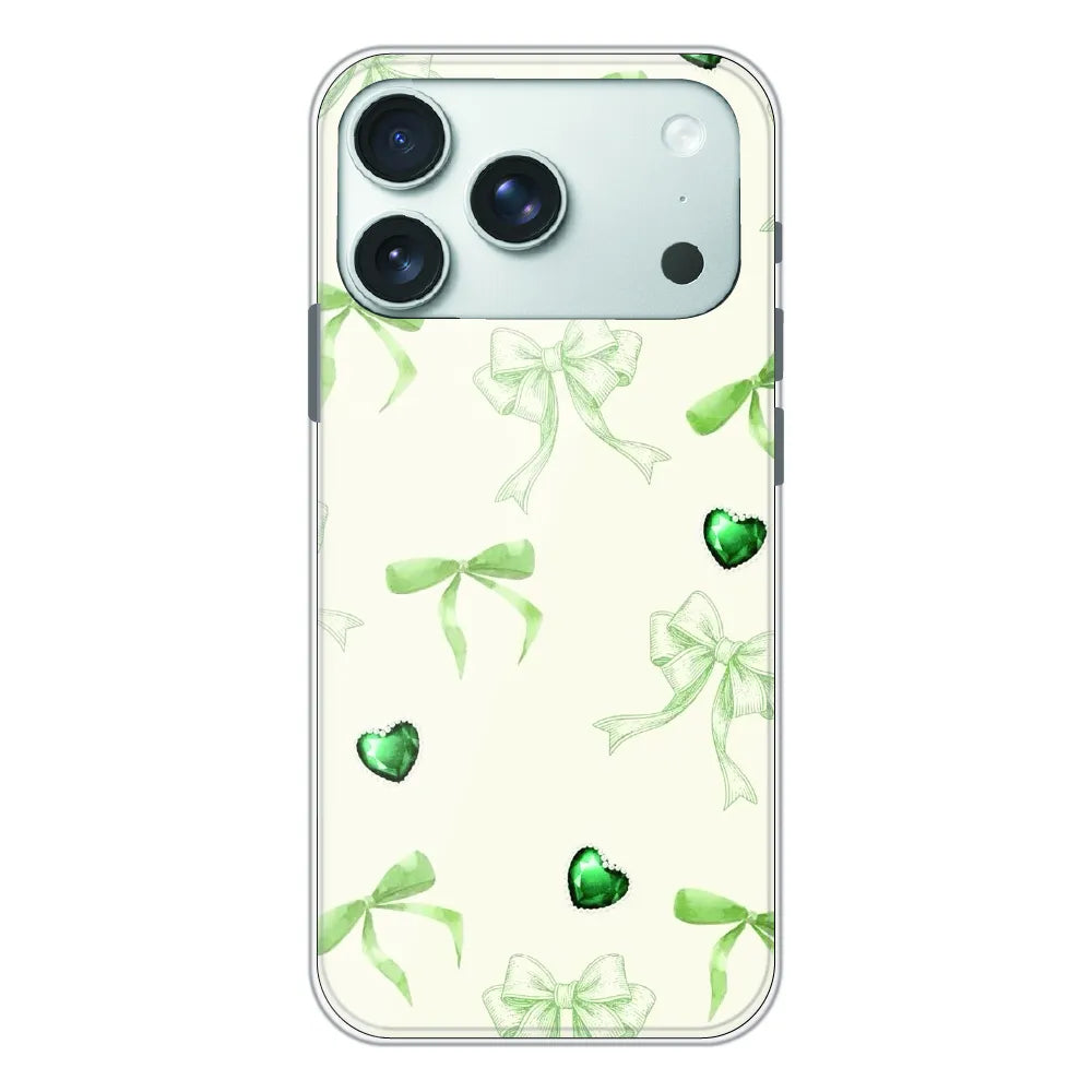 Elegant Green Bow & Heart Pattern - Printed Silicone Case For Apple iPhone 17 Pro