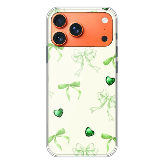 Elegant Green Bow & Heart Pattern - Printed Silicone Case For Apple iPhone 17 Pro Max