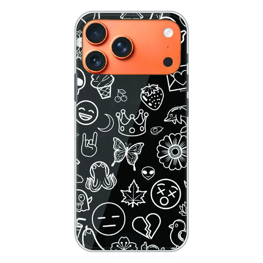 Black Doodle Icons Pattern - Printed Silicone Case For Apple iPhone 17 Pro Max