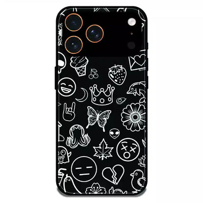 Black Doodle Icons Pattern - Glossy Metal Silicone Case For Apple iPhone 17 Pro Max