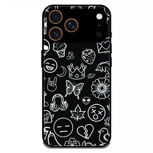 Black Doodle Icons Pattern - Glossy Metal Silicone Case For Apple iPhone 17 Pro Max