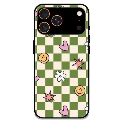 Checkerboard Smile Daisy Heart - Glossy Metal Silicone Case For Apple iPhone 17 Pro Max