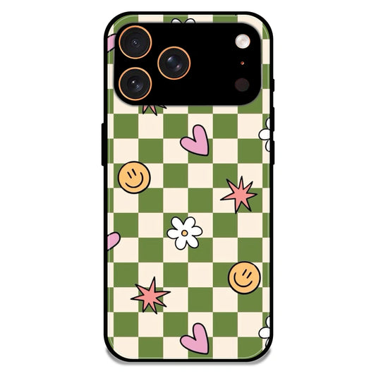 Checkerboard Smile Daisy Heart - Glossy Metal Silicone Case For Apple iPhone 17 Pro Max