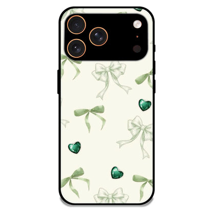 Elegant Green Bow & Heart Pattern - Glossy Metal Silicone Case For Apple iPhone 17 Pro Max