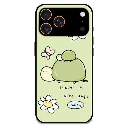 'Cute Turtle & Daisy “Have a Nice Day” - Glossy Metal Silicone Case For Apple iPhone 17 Pro Max