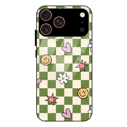 Checkerboard Smile Daisy Heart - Glass Case For Apple iPhone 17 Pro Max
