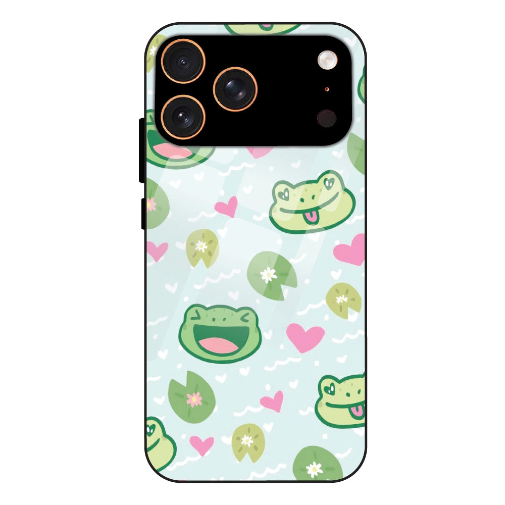 Cute Frog & Heart Pattern - Glass Case For Apple iPhone 17 Pro Max