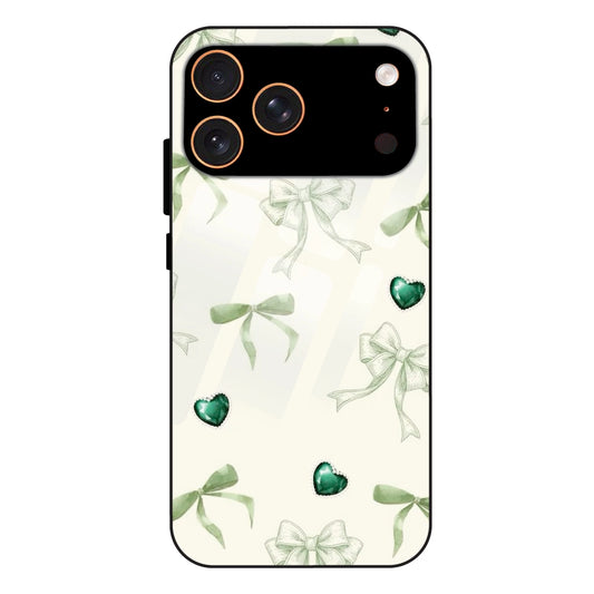 Elegant Green Bow & Heart Pattern - Glass Case For Apple iPhone 17 Pro